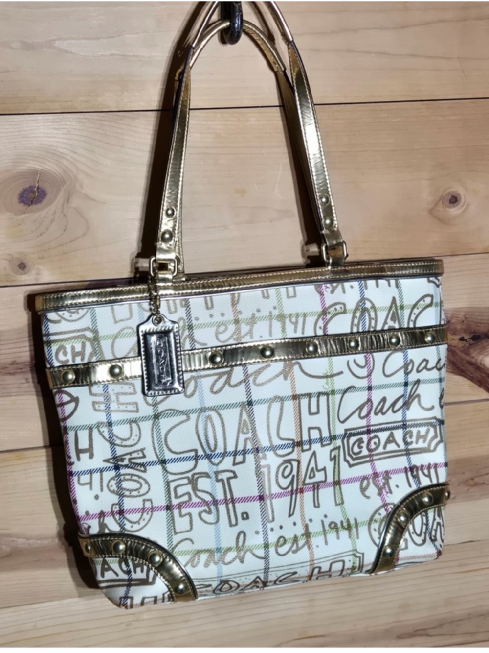 Coach Multicolor Script Tote with Gold Trim